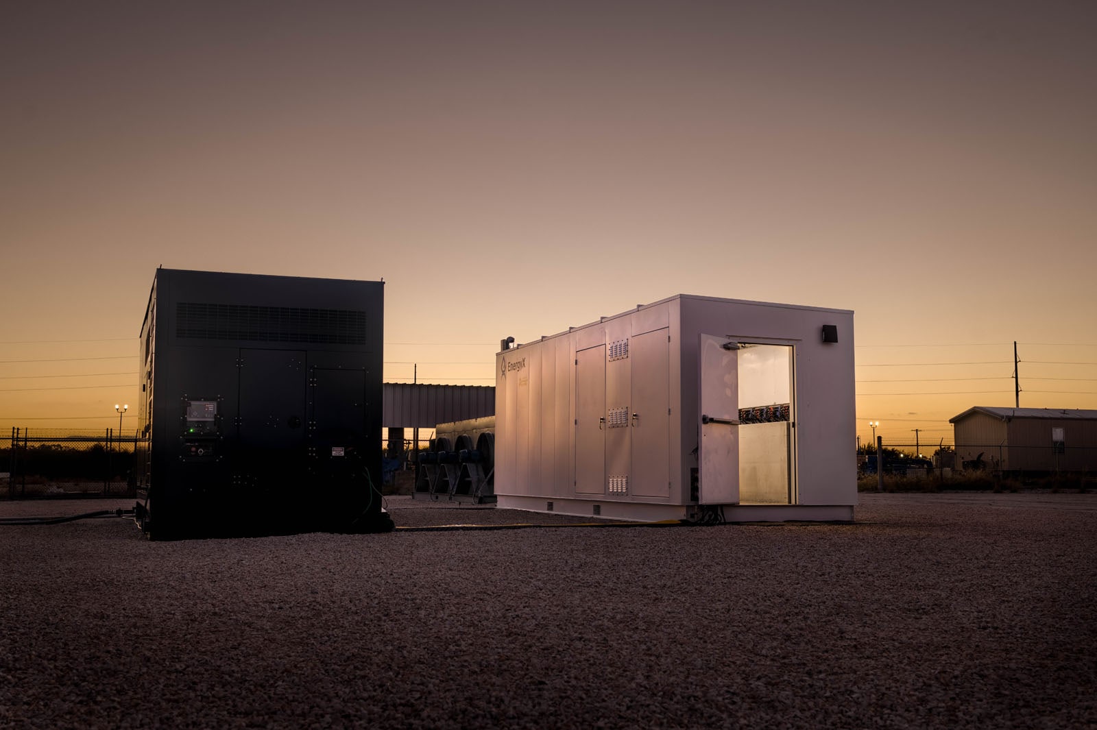 Outside of EnergyX containers at sunset